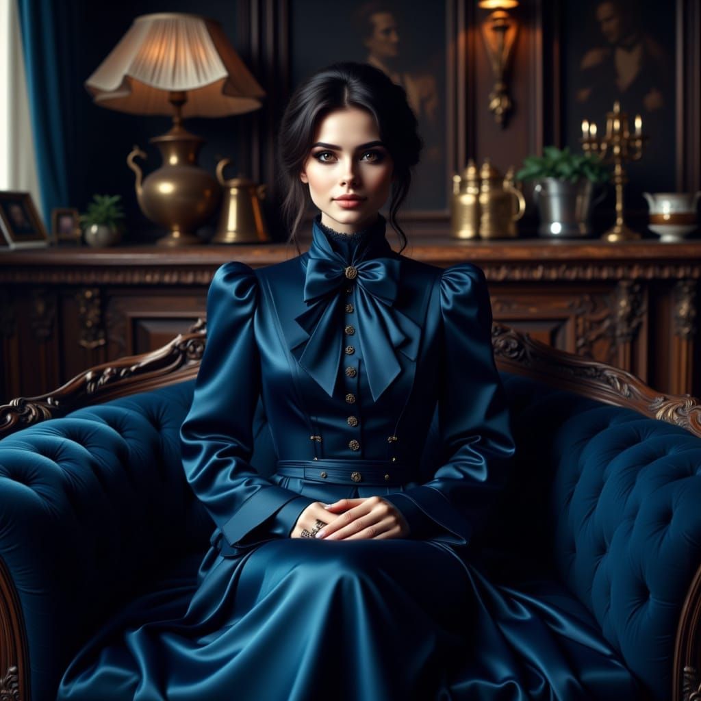 Victorian Woman in Midnight Blue Satin Dress
