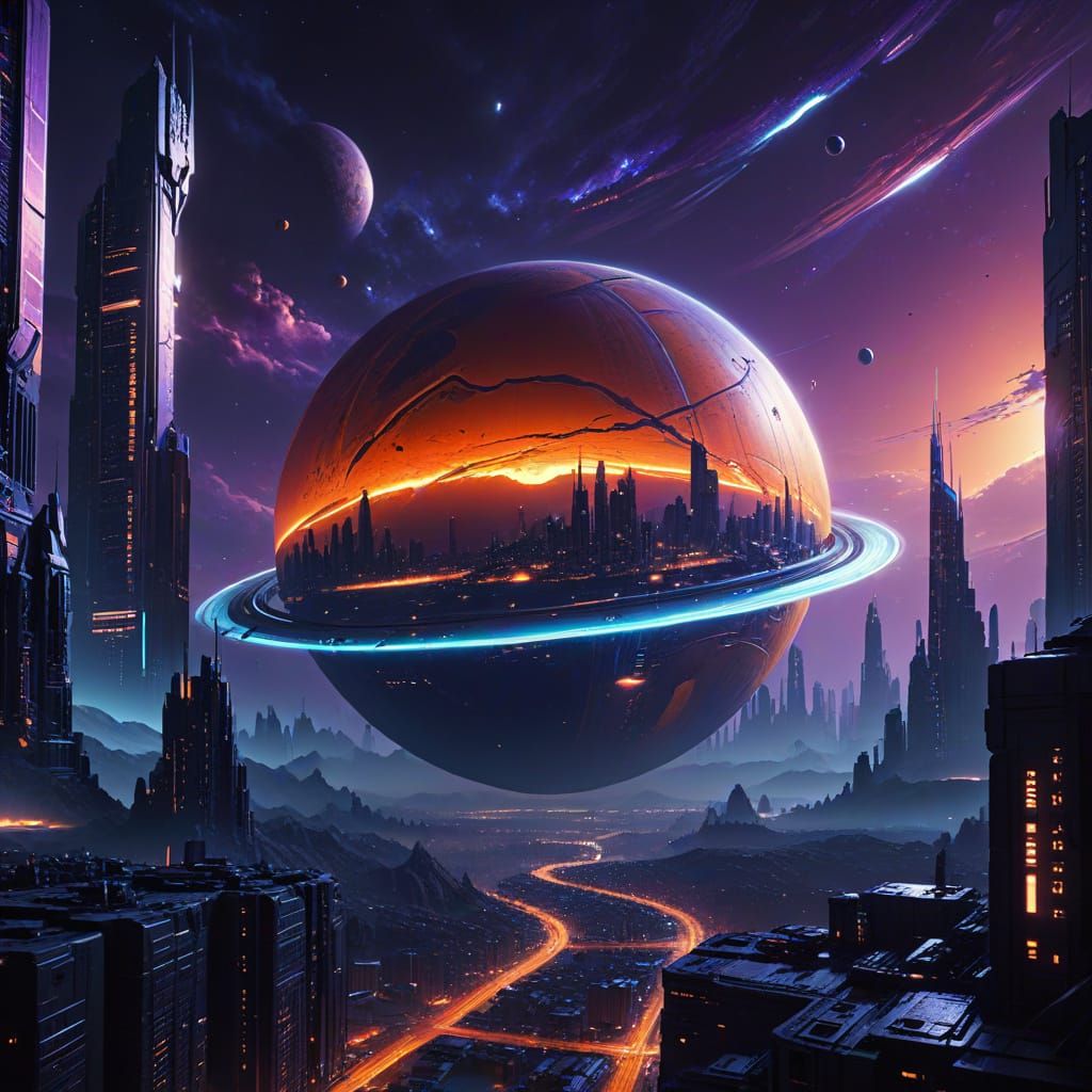 Sleek Cyberpunk Cityscape in Orbit around a Glowing Planet