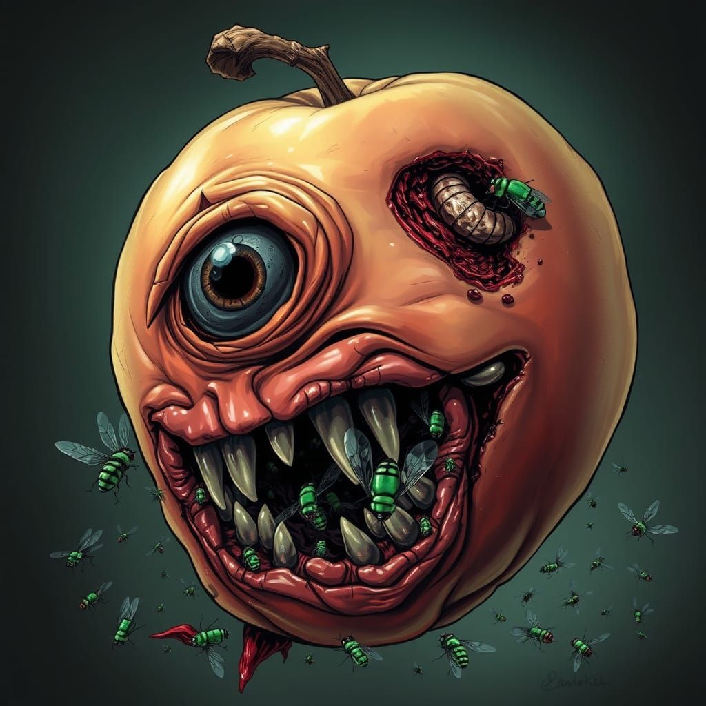 Grotesque Zombie Apple in Comic Book Horror Style