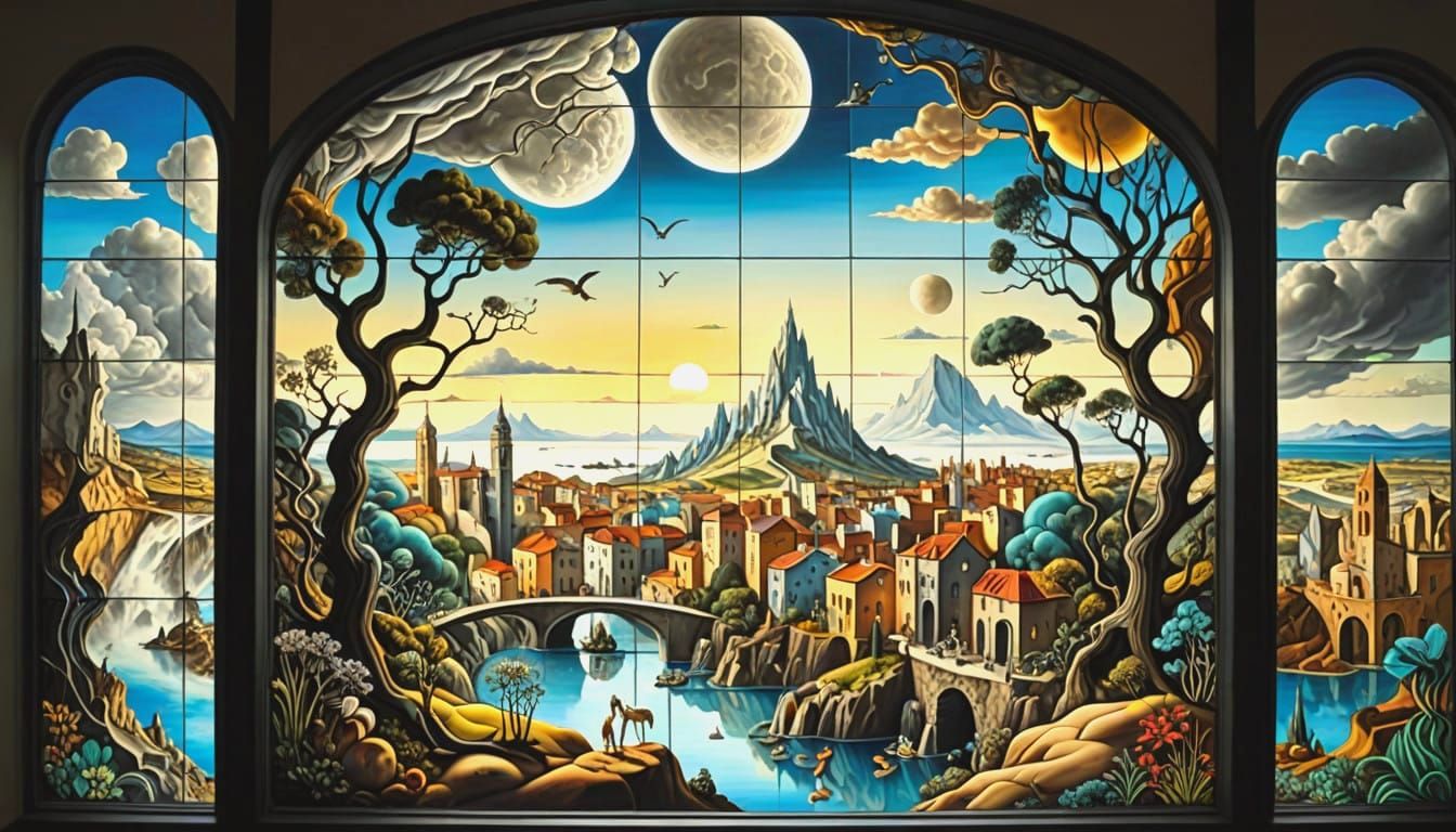 Whimsical Stained Glass Window to a Surreal Cityscape