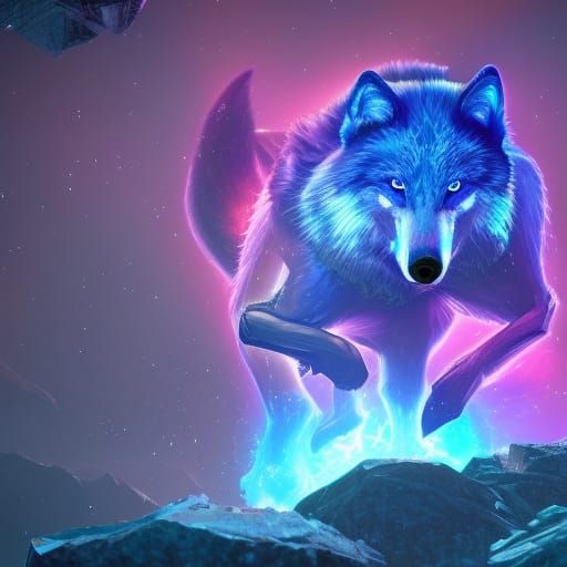Blue Cosmic Wolf in Neon Colors
