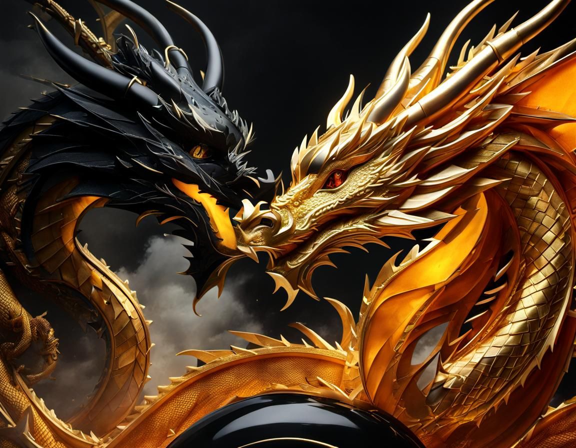 Golden Dragon Confronts Onyx Dragon in Detailed Painting