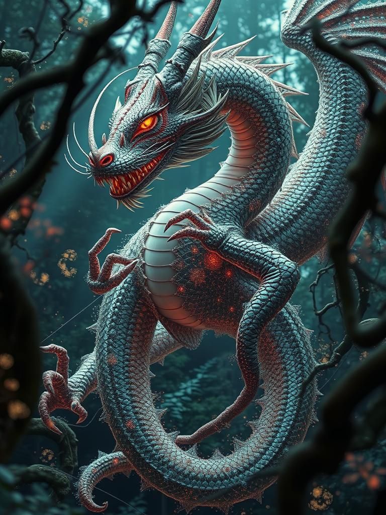 Dragon-Human Hybrid in Mycelium Network, Detailed Render