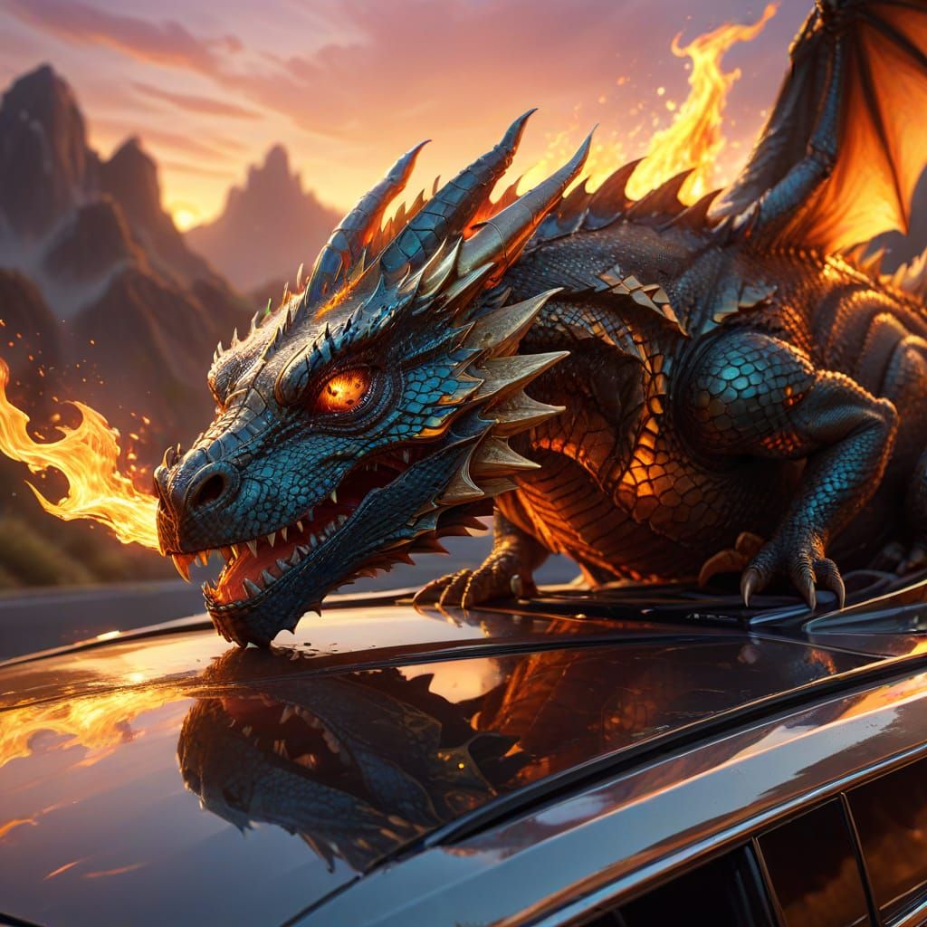 Dragon on Car: Vibrant Digital Concept Art