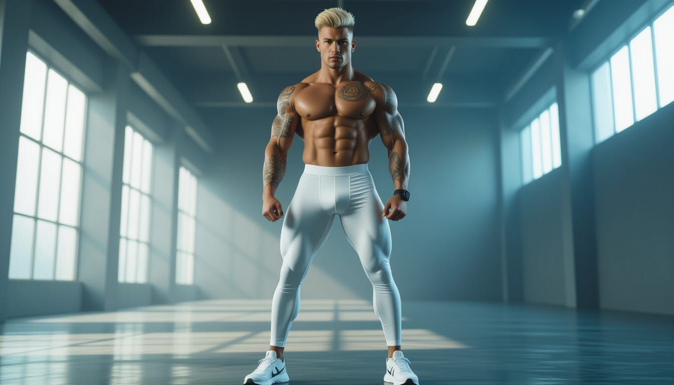 Hyperrealistic Portrait of Muscular Man in Dimly Lit Room