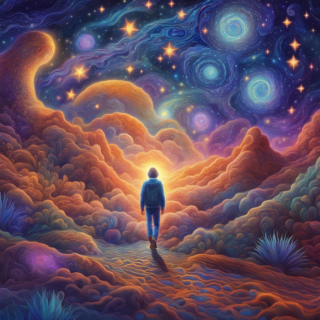 Celestial Beings Guide a Person Home: Cosmic Illustration