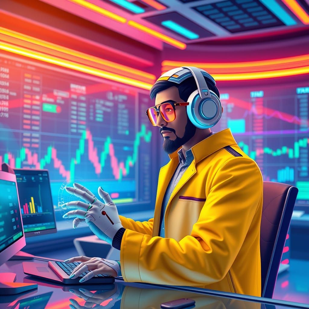 Futuristic AI Trading Room in Isometric Style