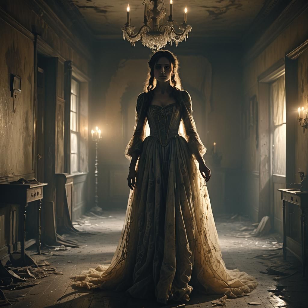 Haunting Ghost in Abandoned Hallway: Cinematic Film Still