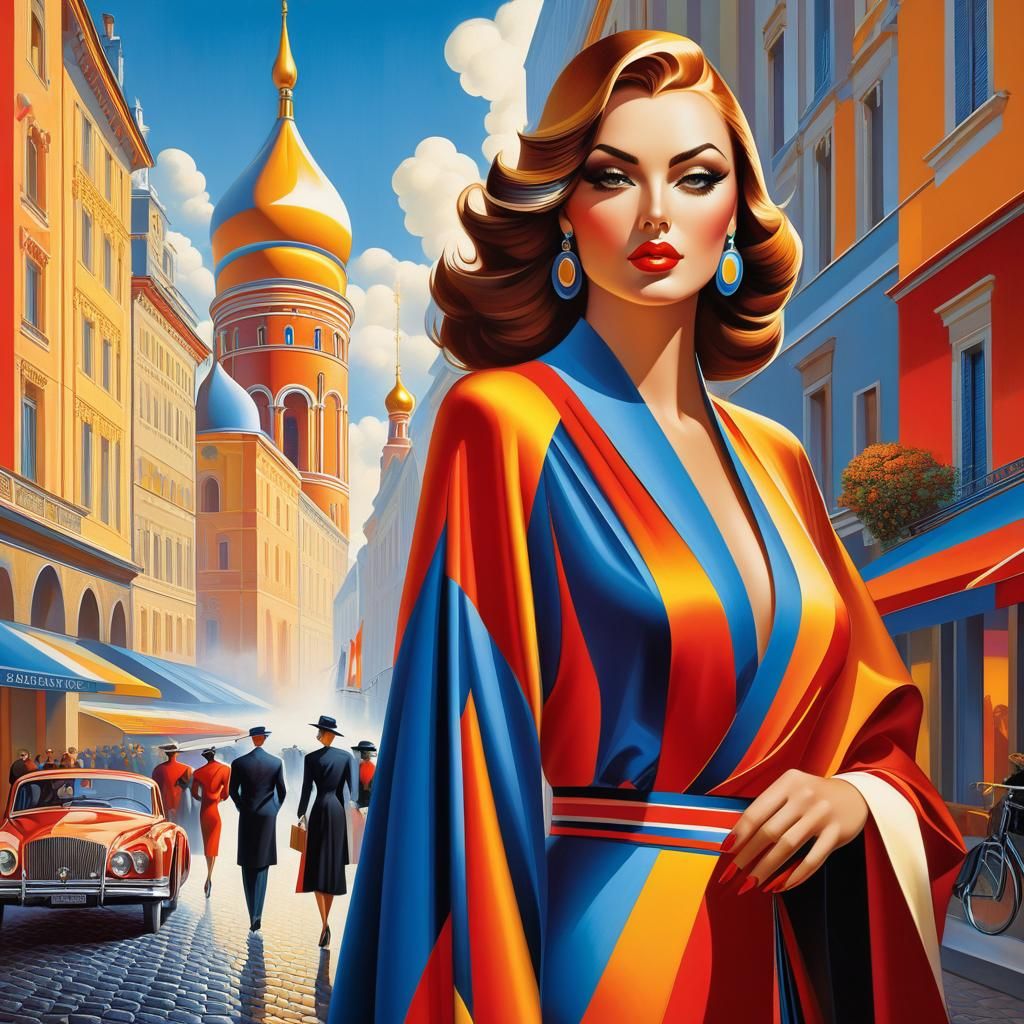 a highly detailed illustration of a beautiful young women in city 2023, by Georgy Kurasov,Sándor Bortnyik,John Stephens,...