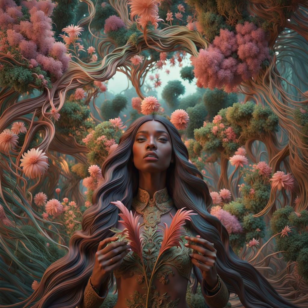 Woman with Narcotic Flower in Surreal Forest