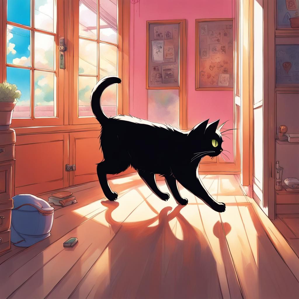 Comical Black Cat Runs Towards Curtain in Anime Style