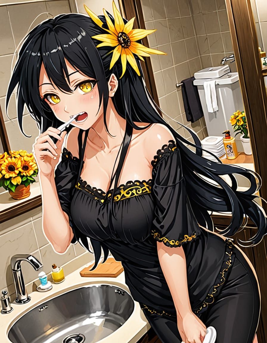 Anime Girl Brushing Teeth in Manga Style