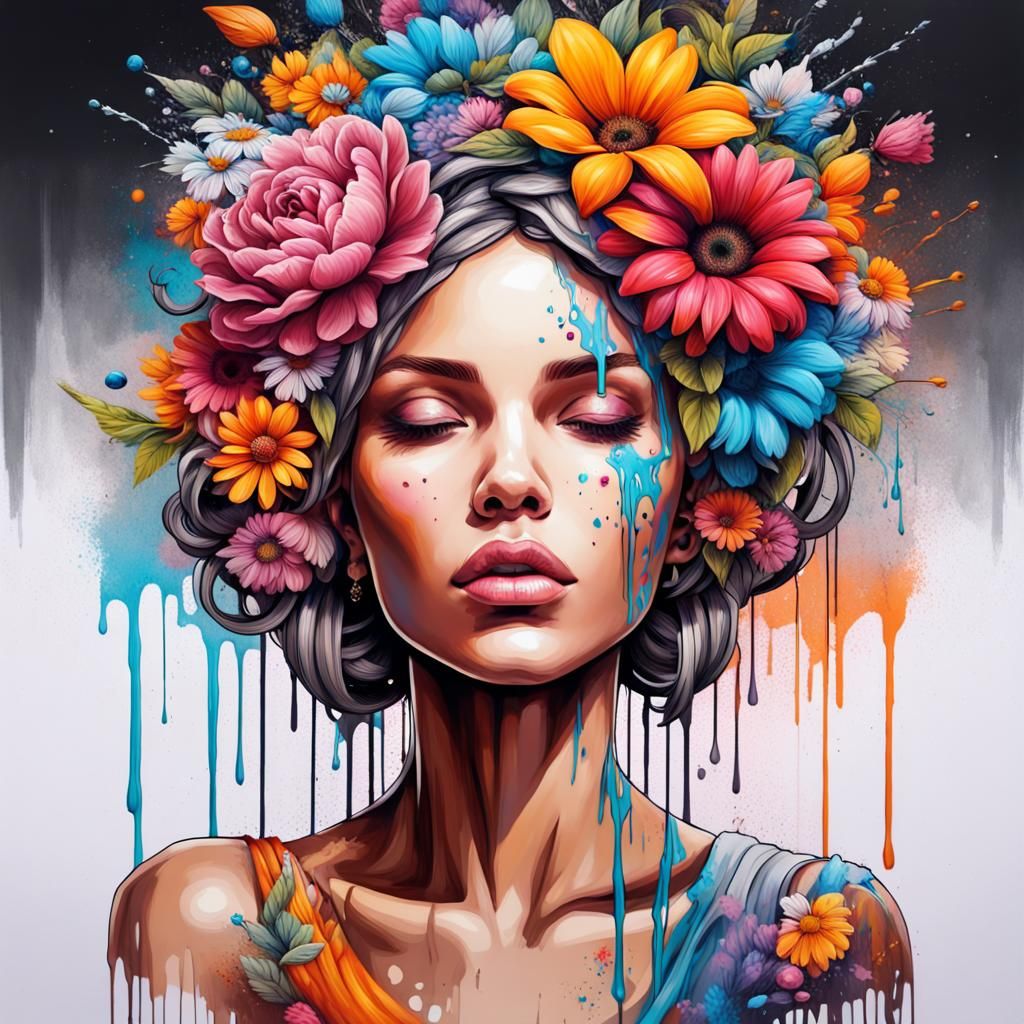Woman with Flowers: Graffiti Art in Polychromatic Style