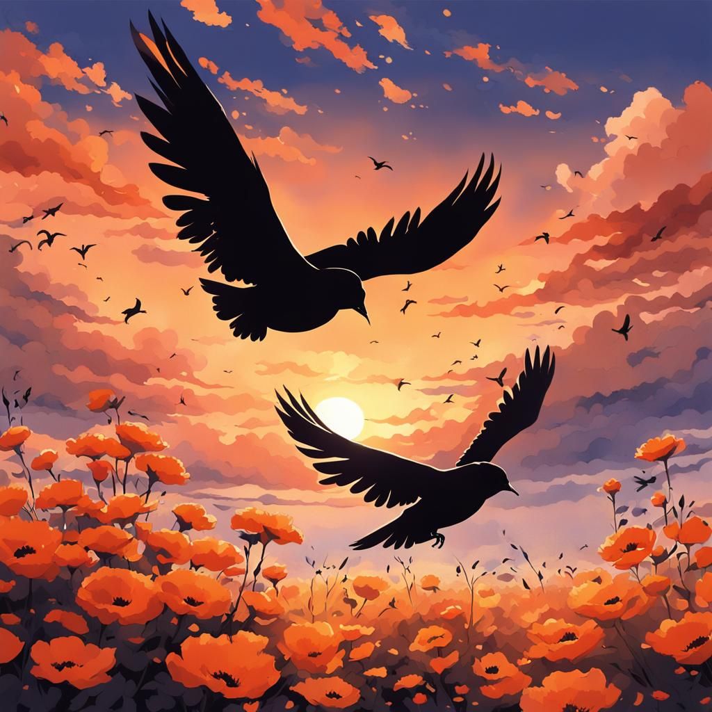 Birds Fly Over Sunset Flowers: Anime-Inspired Art
