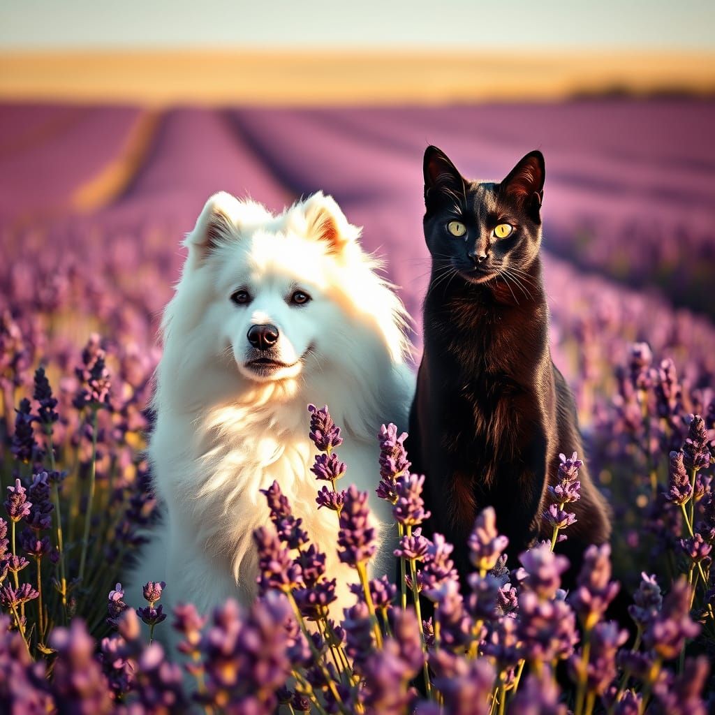 Whimsical Lavender Duo: Fluffy White Dog and Sleek Black Cat