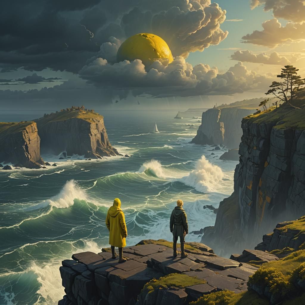 Lemon-Headed Figure Overlooks Stormy Sea in Digital Painting