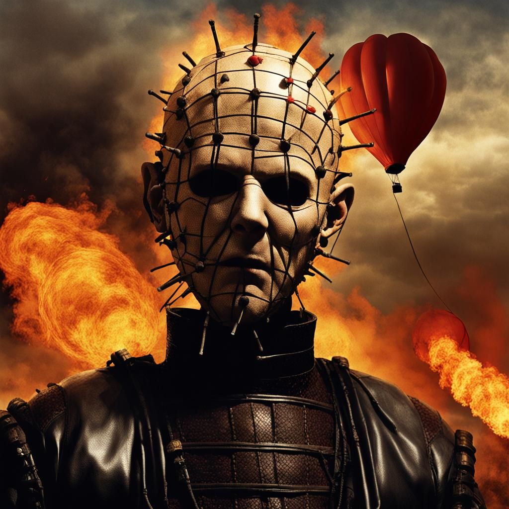 Pinhead in Flaming Hot Air Balloon, Dark Fantasy Art