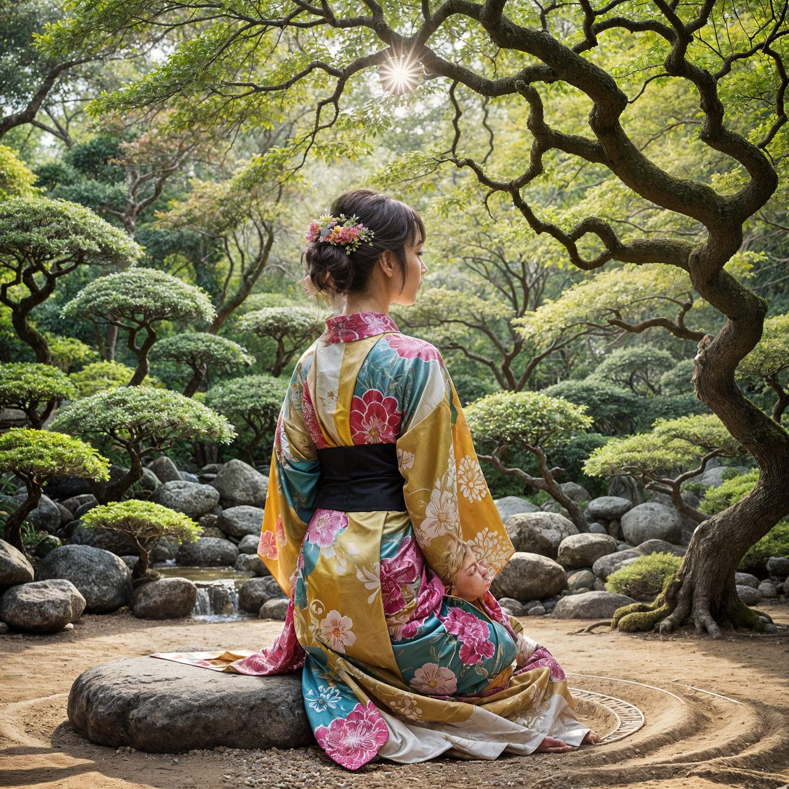 Girl in Kimono Gazes into Light Vortex in Japanese Garden