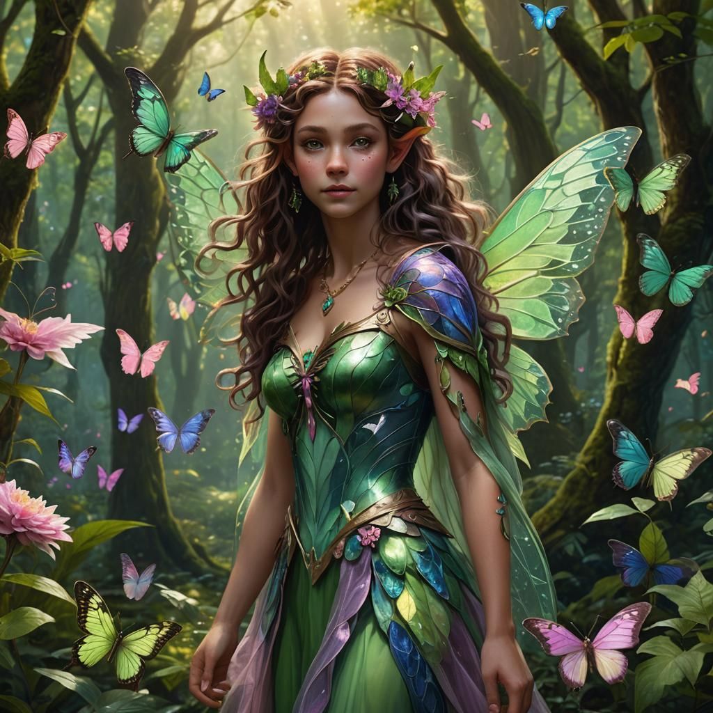 Elf-Fairy with Butterfly Wings in Enchanted Forest