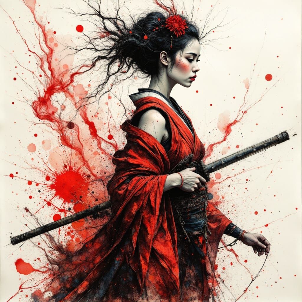 Geisha Drawing Katana in Dynamic Ink Style