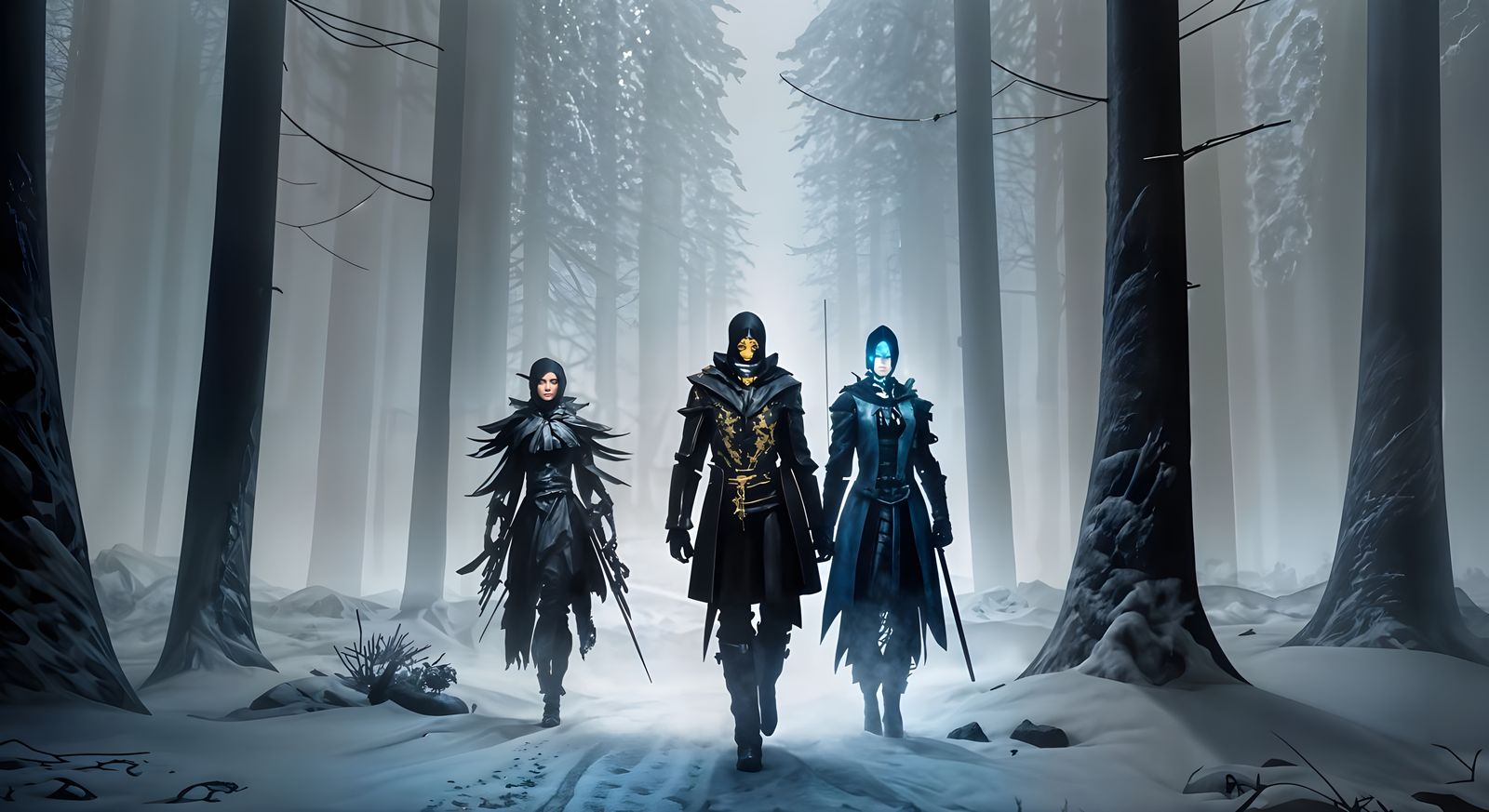 Cyborg Adventurers in Snowy Dark Fantasy Realm