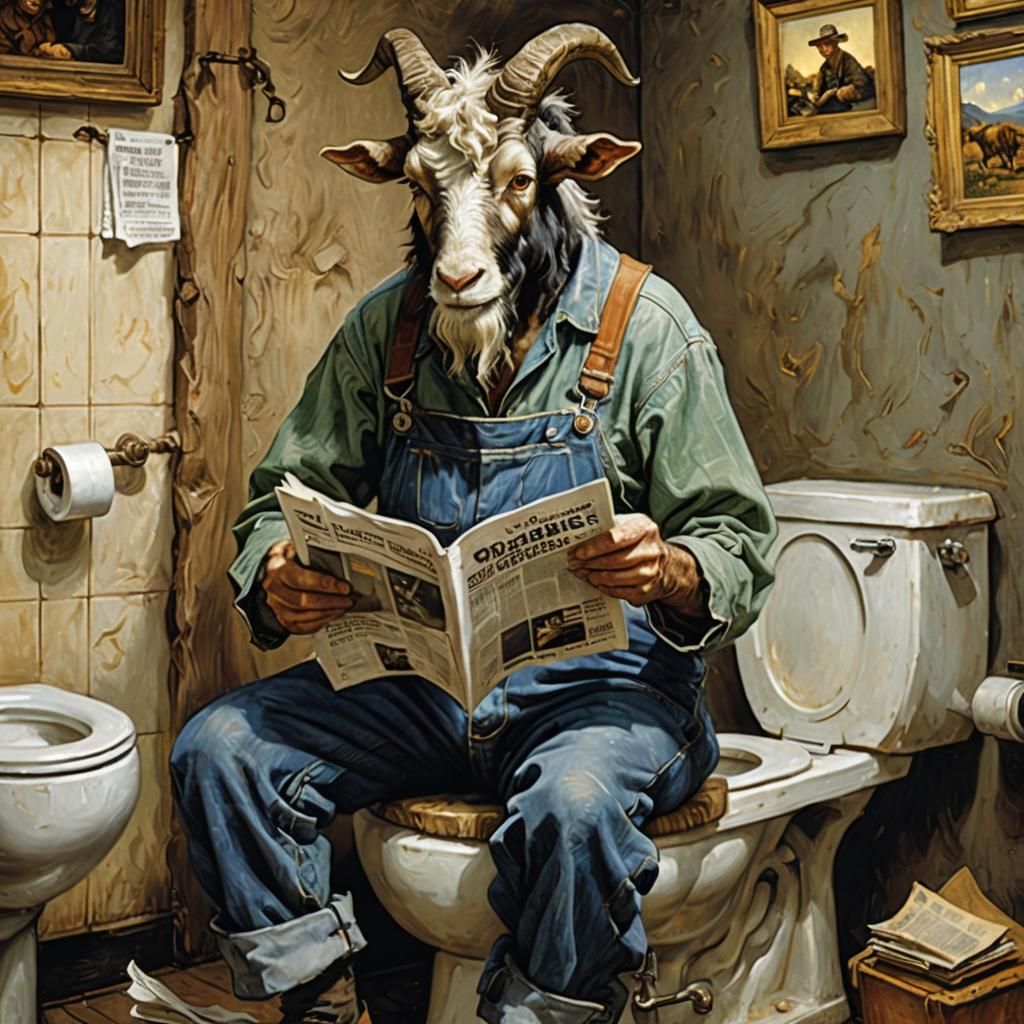Old Billy goat dressed in overalls reading a newspaper on th...