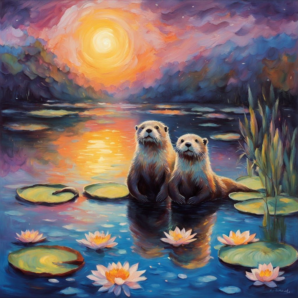 Otters in Serene Lake Scene with Water Lilies