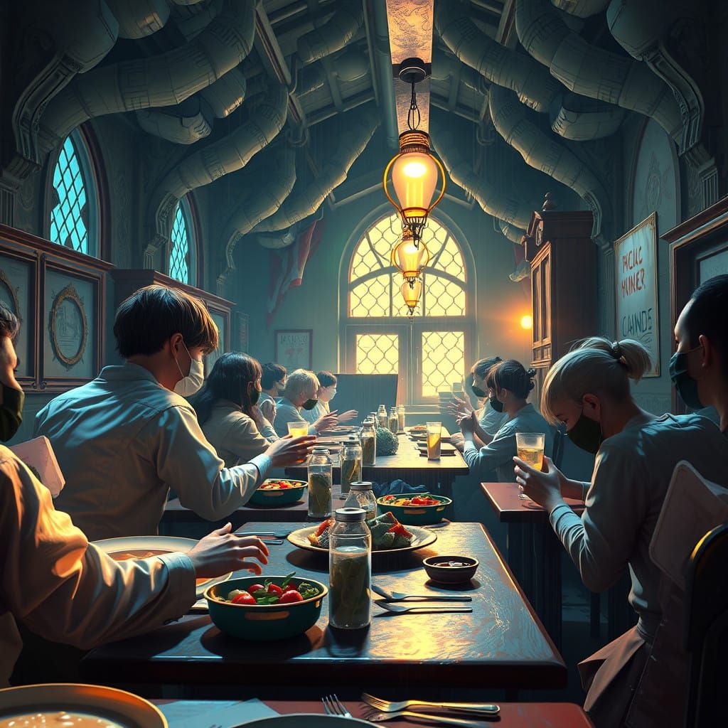 Fantastical Boarding School Dining Hall in Vibrant Colors