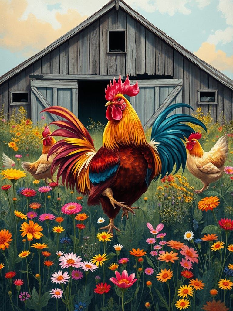 Whimsical Farmhouse Scene in Vibrant Alcohol Ink Style