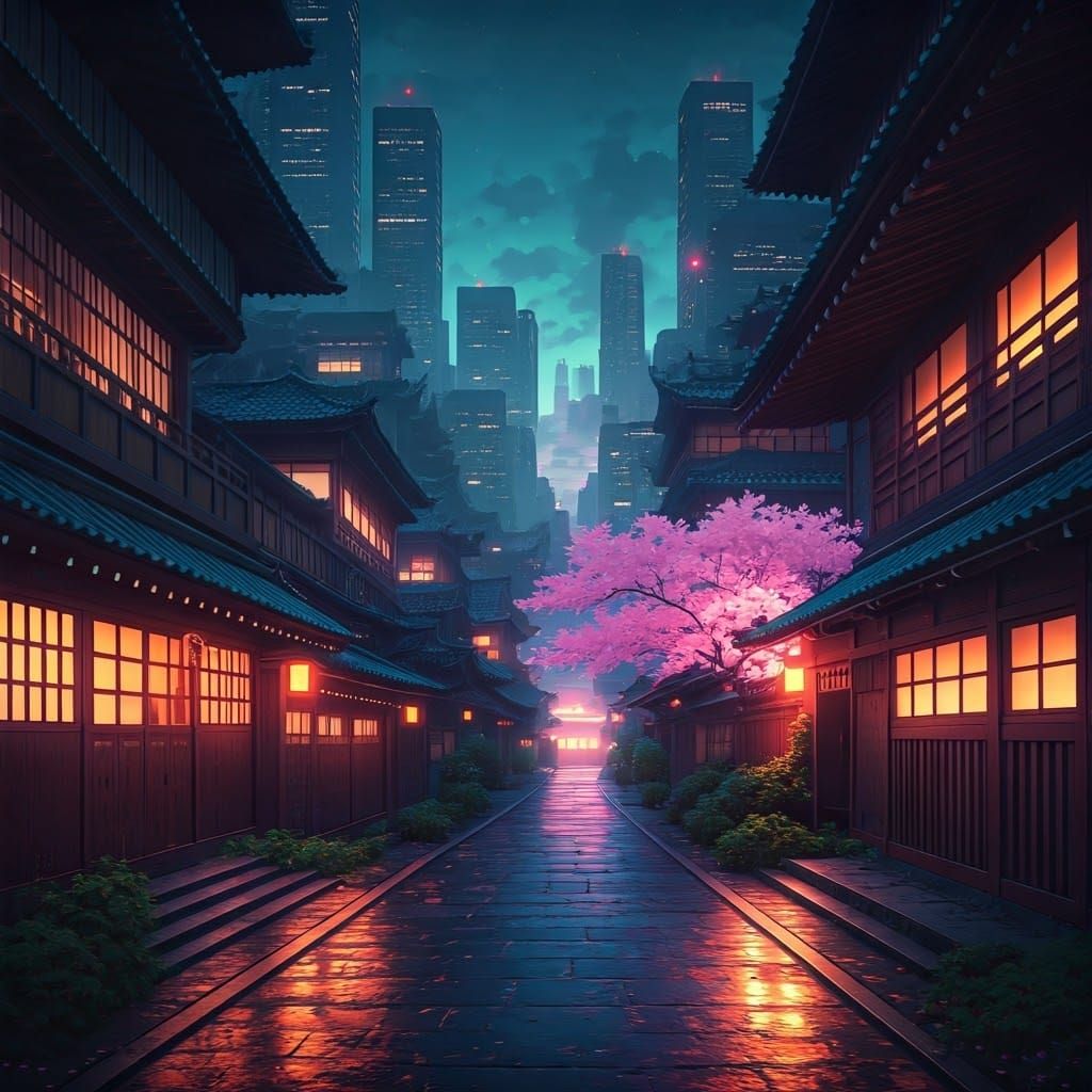 Cyberpunk Ukiyo-e Cityscape at Dusk in Ghibli Style
