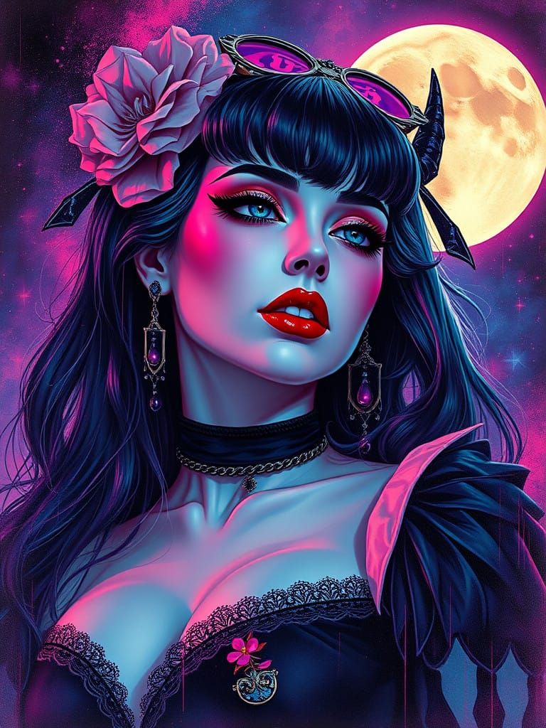 Surreal Gothic Vampiress in Holographic Vaporwave