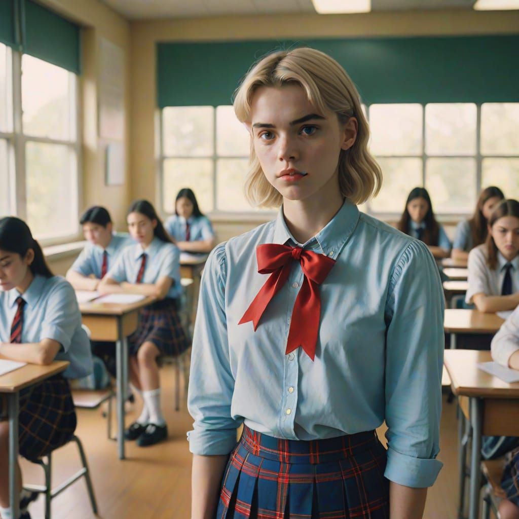 Teenage Student in a Nostalgic Classroom Setting