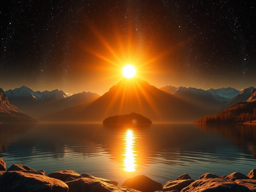 Surreal Sunset Lake Landscape with Realistic Lighting and Qu...