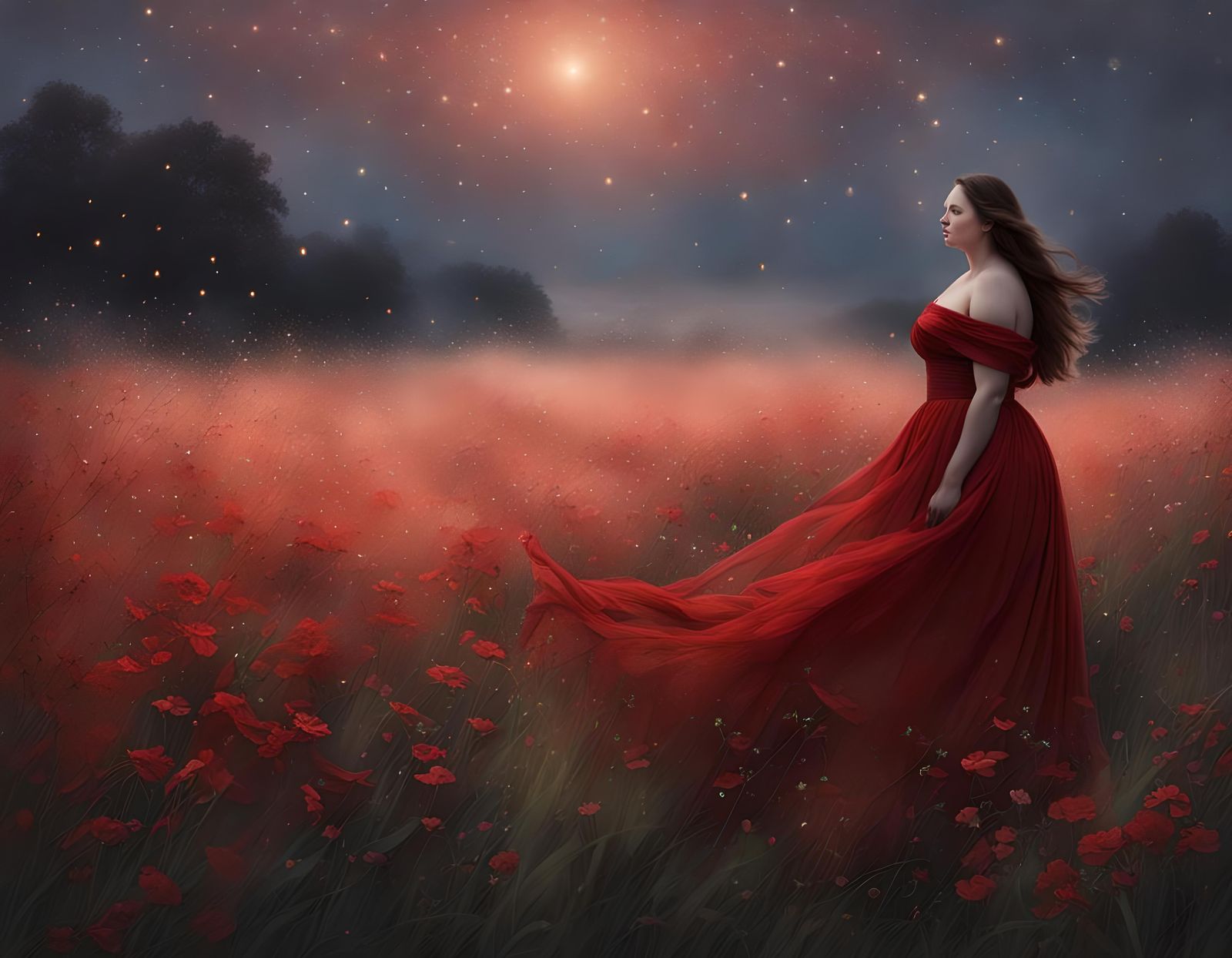 Ethereal Woman in Field of Flowers at Dusk