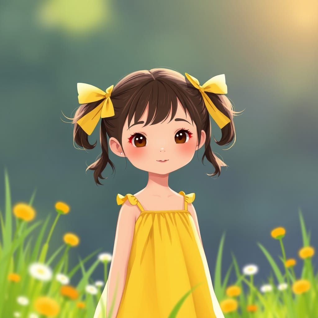 Girl in Meadow, Anime-Inspired Digital Art