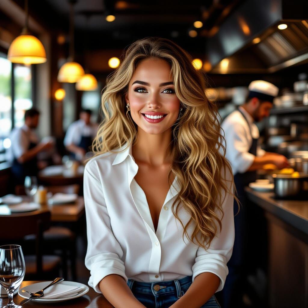 Blonde Woman Waiting in Restaurant, in Photorealistic Style