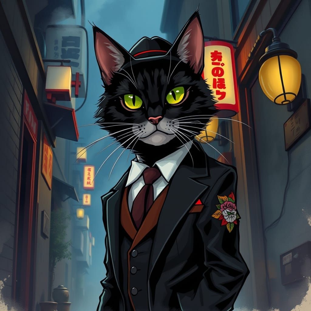 Regal Cat in Moody Yakuza Attire