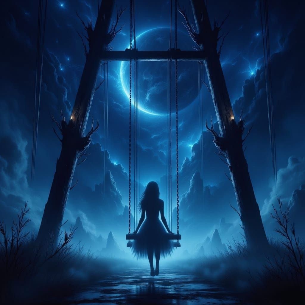 Giant Girl on Swing Set at Night