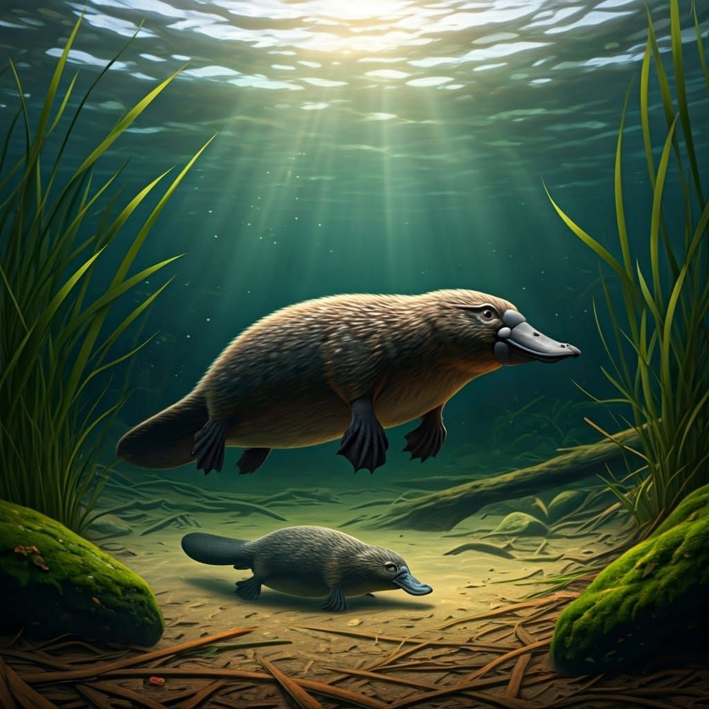 Australian Platypus Family Underwater in River Habitat
