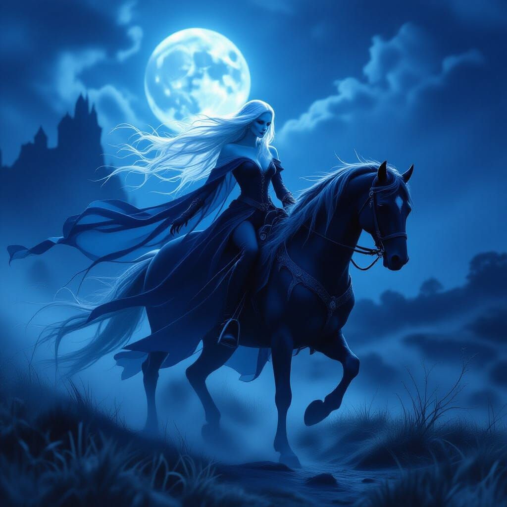 Ethereal Ghost Rider Woman in Moonlit Mist