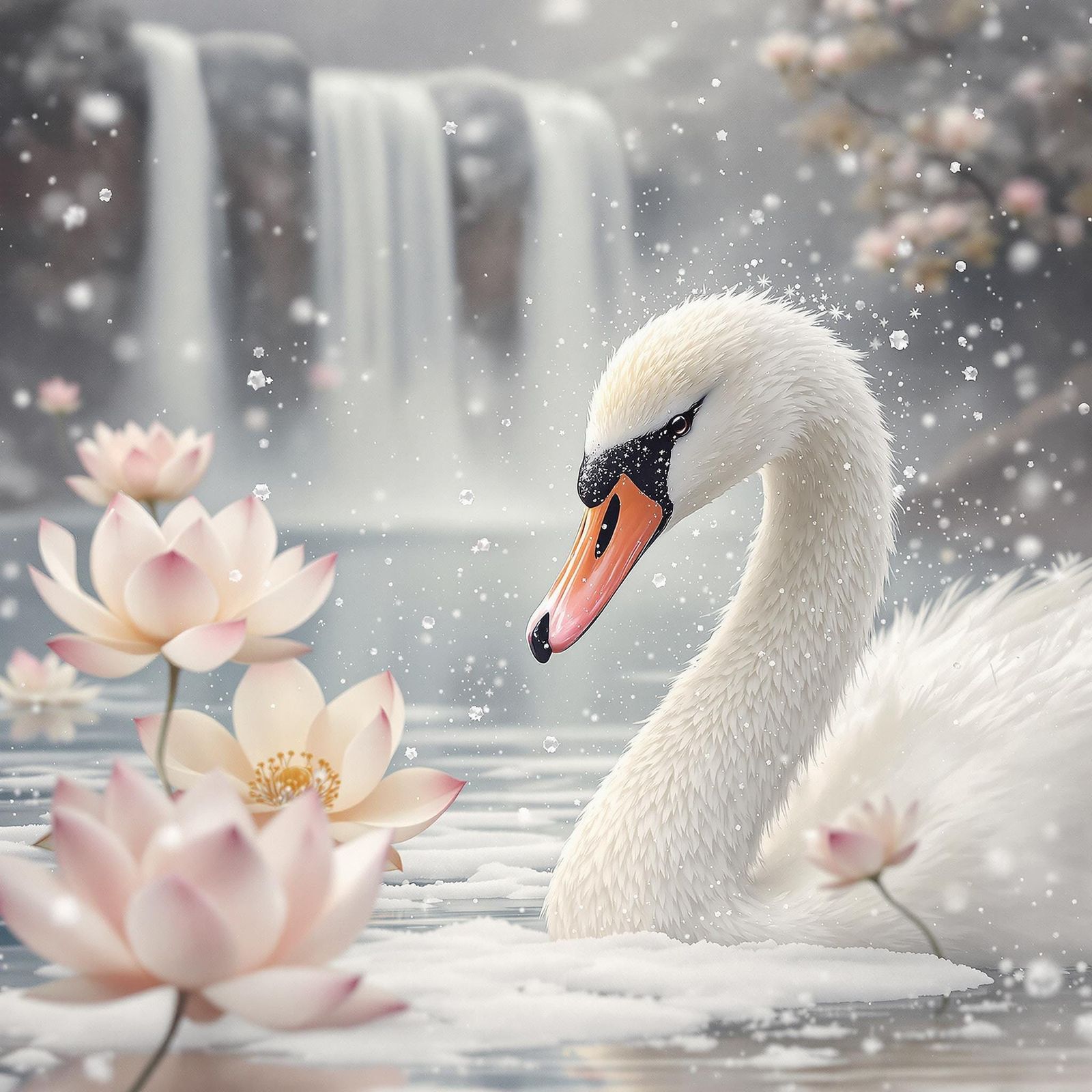 Serene White Swan in Dreamlike Watercolor Landscape