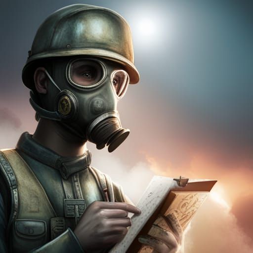 Girl in Gas Mask Writes in Post-Apocalyptic Setting