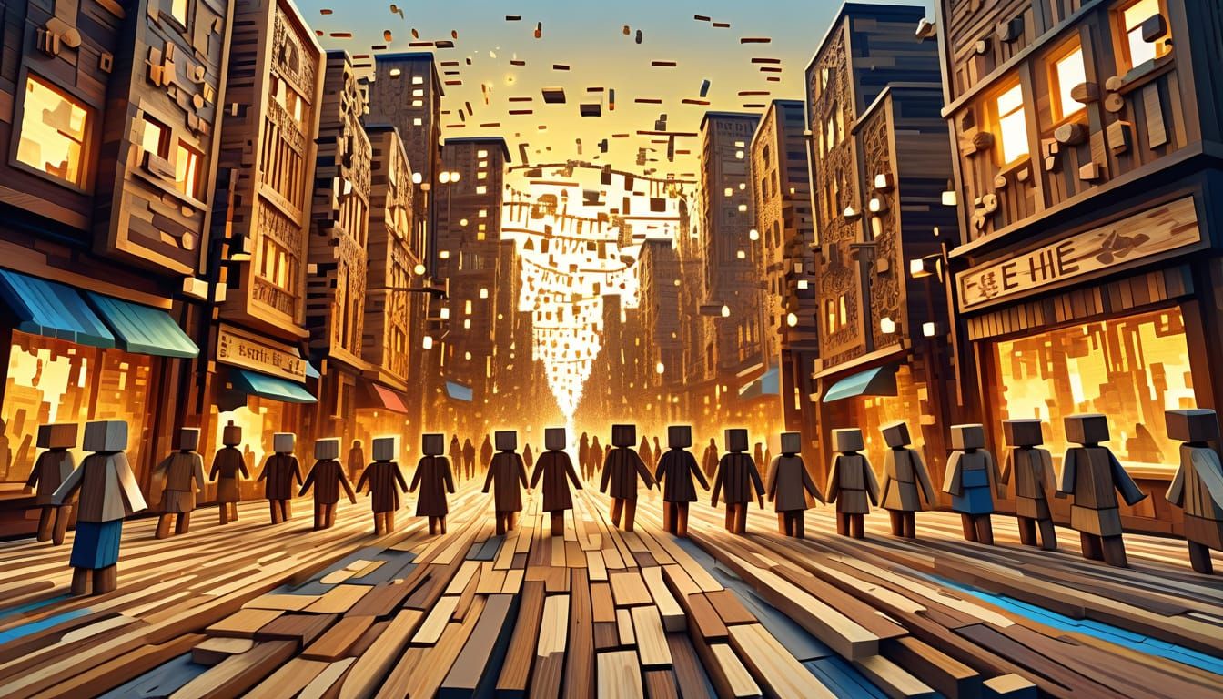 Wooden Figures Stroll City Street in Pixel Art Style