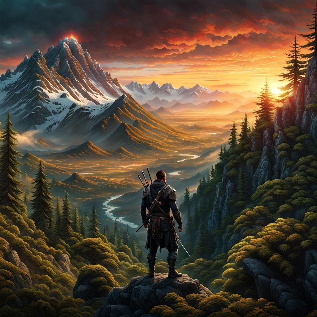 Rogue Warrior Gazing at Mountain Sunset in Digital Painting