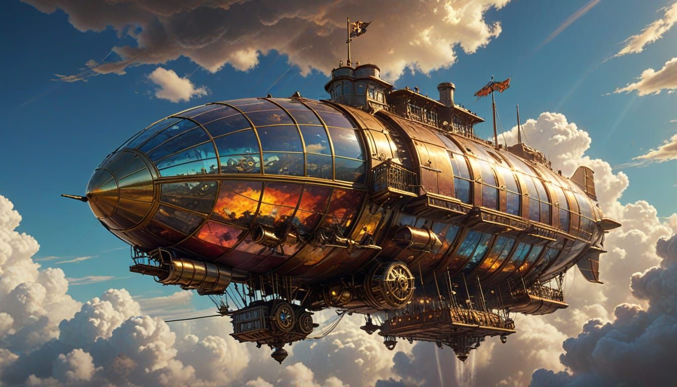 Steampunk Airship Soars Through Clouds in Splash Art Style
