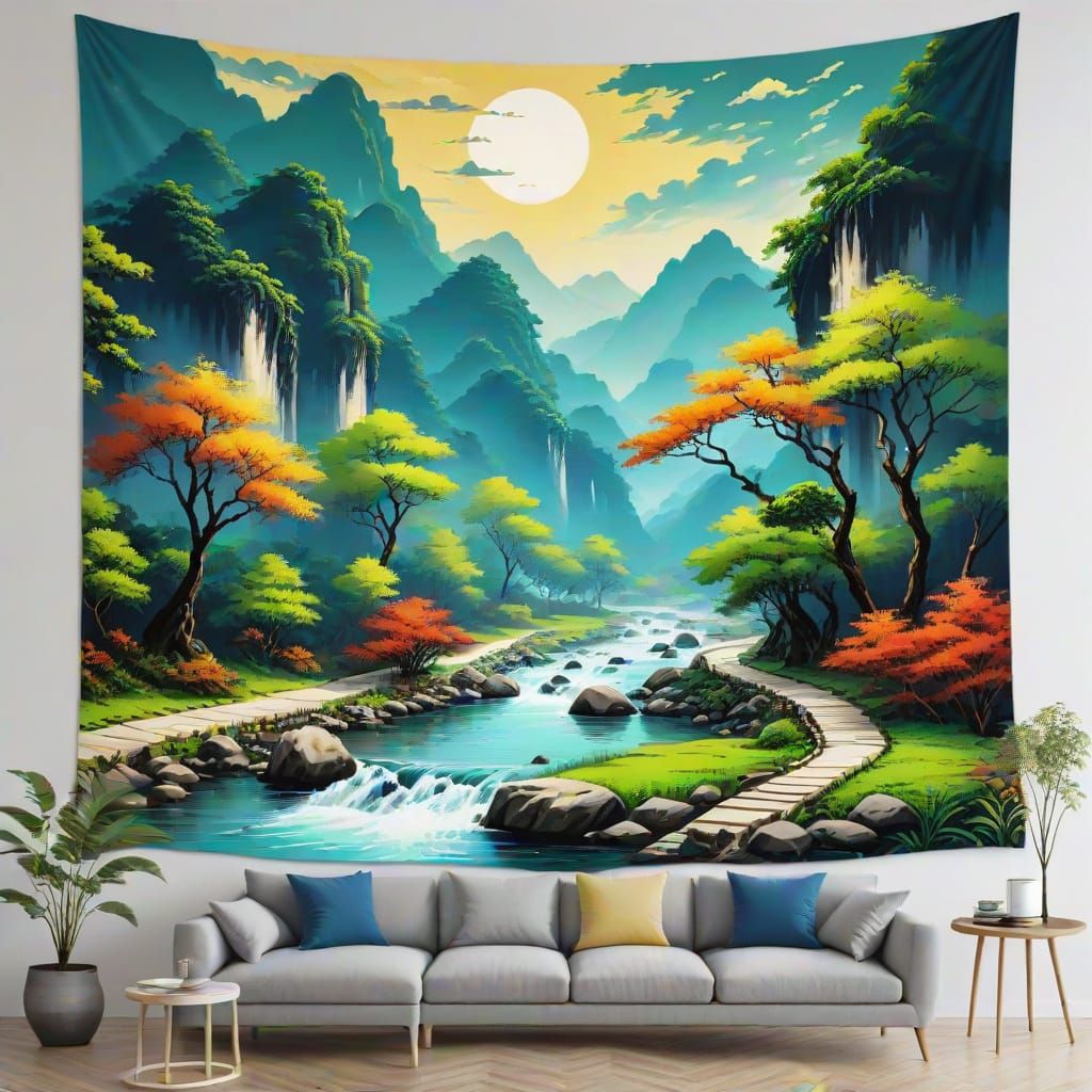 Vibrant Asian River Landscape as Digital Art