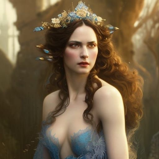 Fairy Queen in Blue Lace Gown, Digital Art