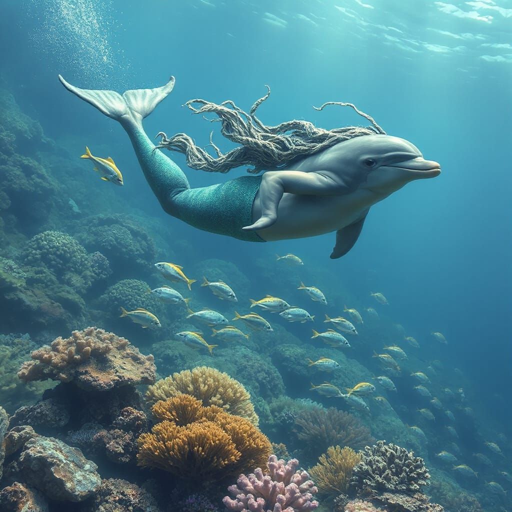 Human-Dolphin Hybrid Freediving Over Coral Reef