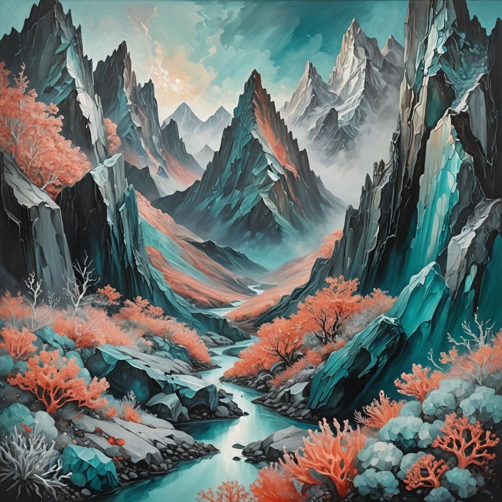 Crystalline Landscape with Mischievous Creatures: Dark Fanta...