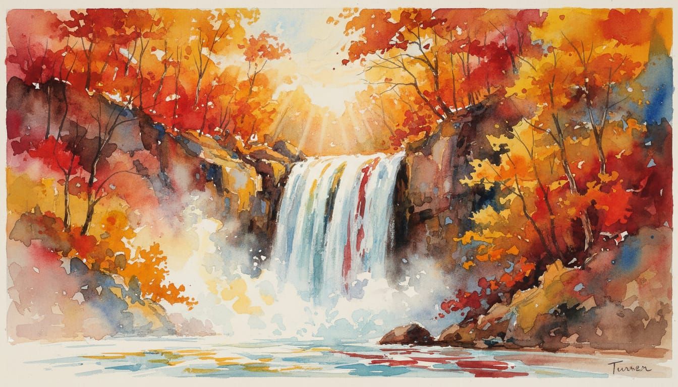 Breathtaking Autumn Waterfall in Expressive Watercolor Style